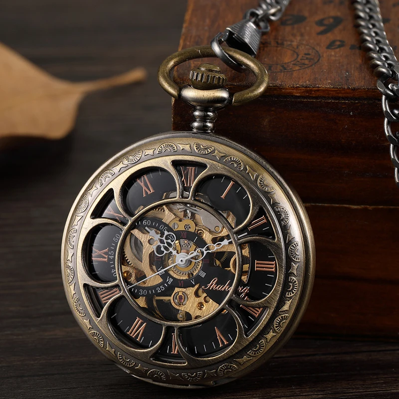 Mechanical Pocket Watch Antique Bronze Skeleton Dial Fob Chain Hollow Out Case Hanging Clock with Gift Box for Men Dropshipping