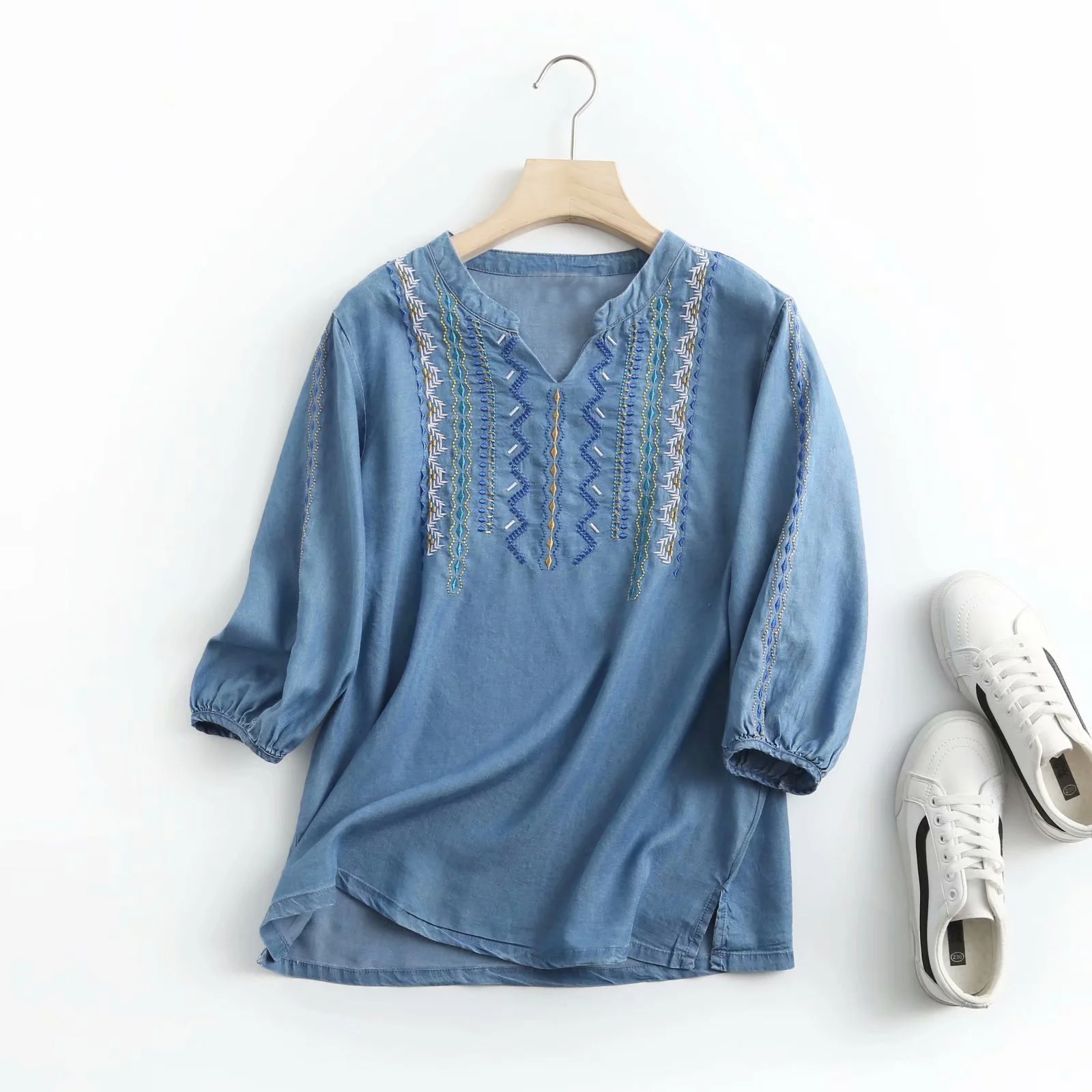 

summer embroidery denim blouse women casual v neck soft light blue denim tops and blouses blusas mujer new