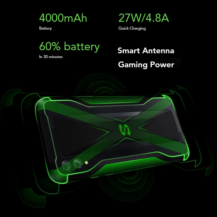 Мобильный телефон Xiaomi Black Shark 2 с 6.39" экраном, 6/8 ГБ оперативной памяти, 128 ГБ встроенной памяти, процессором Snapdragon 855 OctaCore на Android 9.0, поддержкой двух SIM-карт и поддержкой игр.