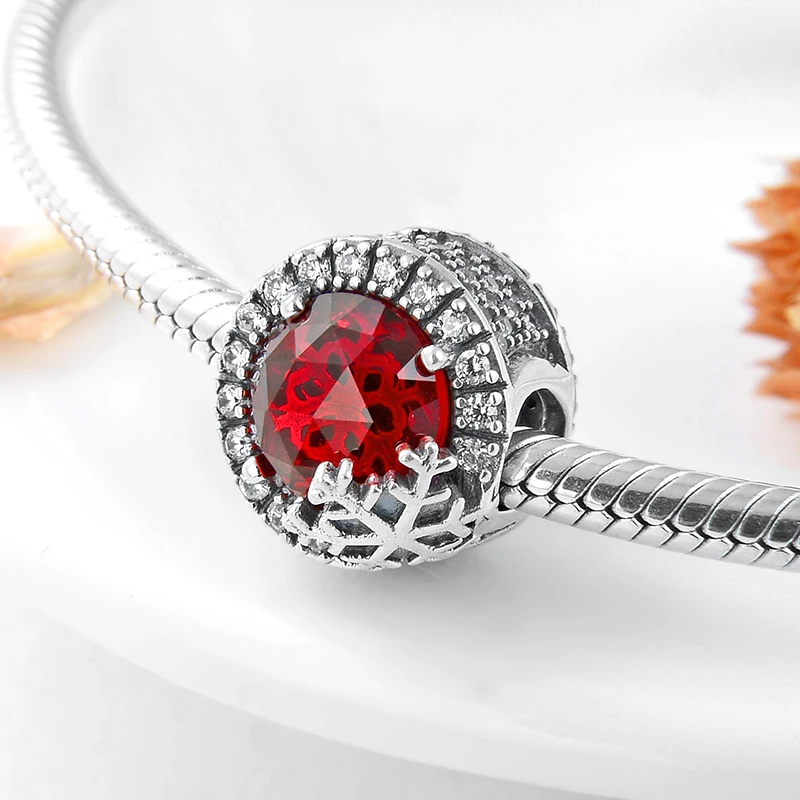 Женский браслет Pandora красный из стерлингового серебра 925 пробы со снежинками и