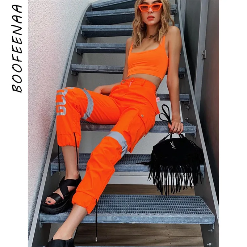 BOOFEENAA брюки карго женские уличные Светоотражающие штаны в полоску с надписью