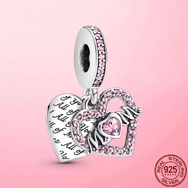 

New 925 Sterling Silver beads Heart & Mum Zirconia Dangle Charm fit Pandola Bracelet 2021 Women DIY fine Jewelry Mother Day Gift
