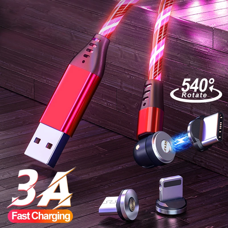 

540 Rotation Charging Cable Glowing Magnetic Usb Cable Type C Micro Mobile Phone Cable For iPhone 13 12 11 Pro Max Xiaomi 11 10