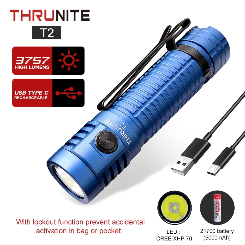 ThruNite T2 Rechargeable Flashlight 3757 High Lumens USB Type-C Fast Charging CREE XHP70 LED Bright Handheld Flashlight Orginal