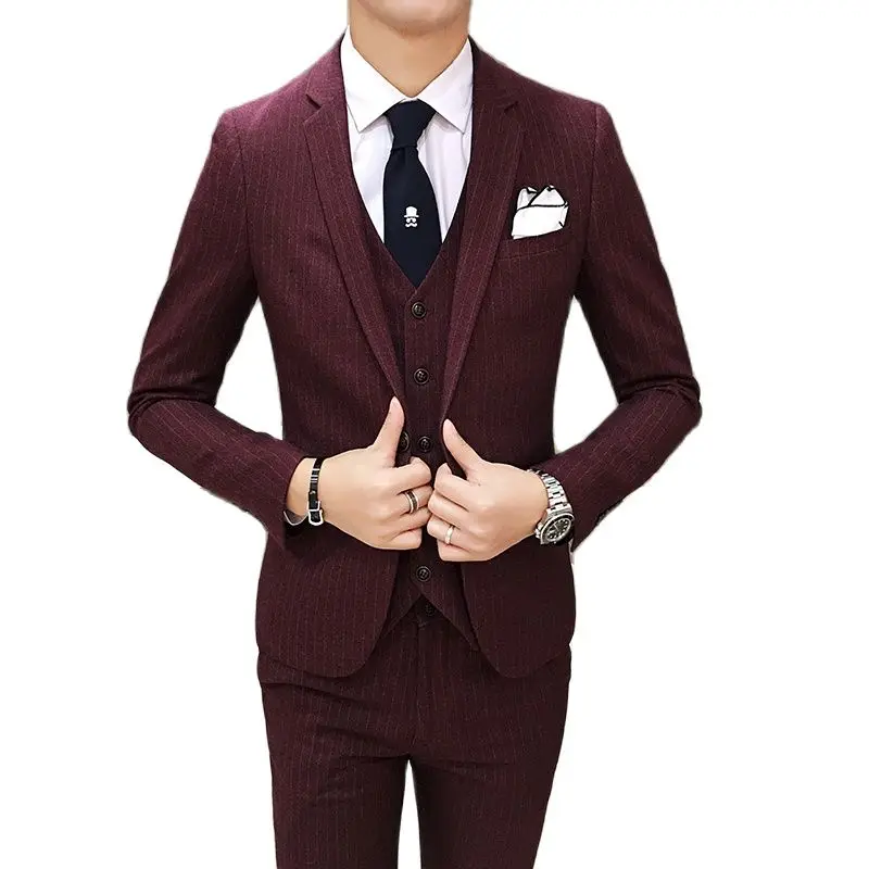 Темно синий полосатый костюм 3 1 предмет Для мужчин (пиджак + жилет штаны) деловые