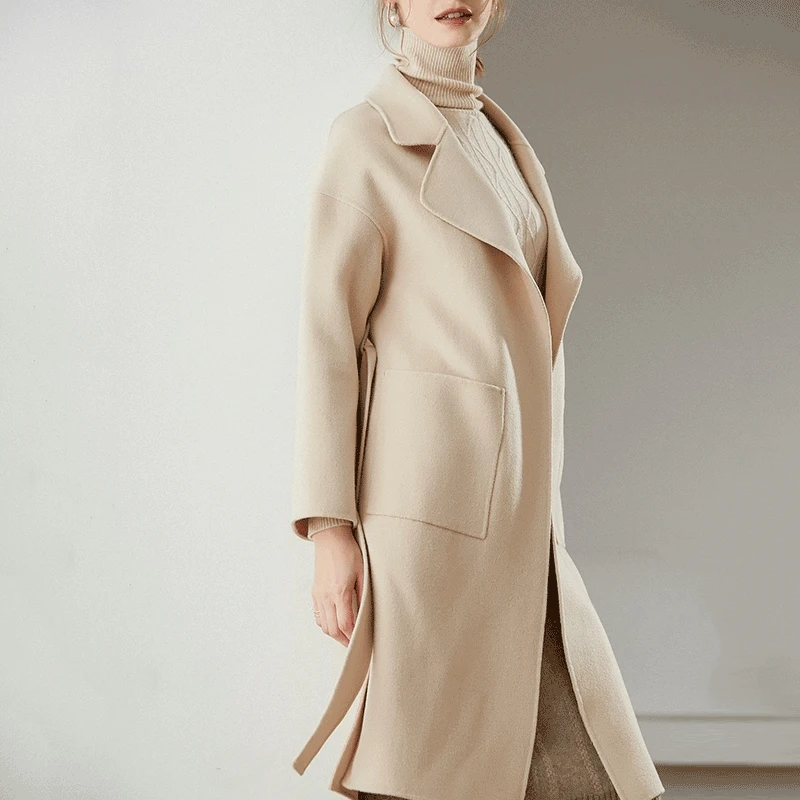 Осенне зимнее Новое модное шерстяное пальто длинное из волнистой ткани|Женские