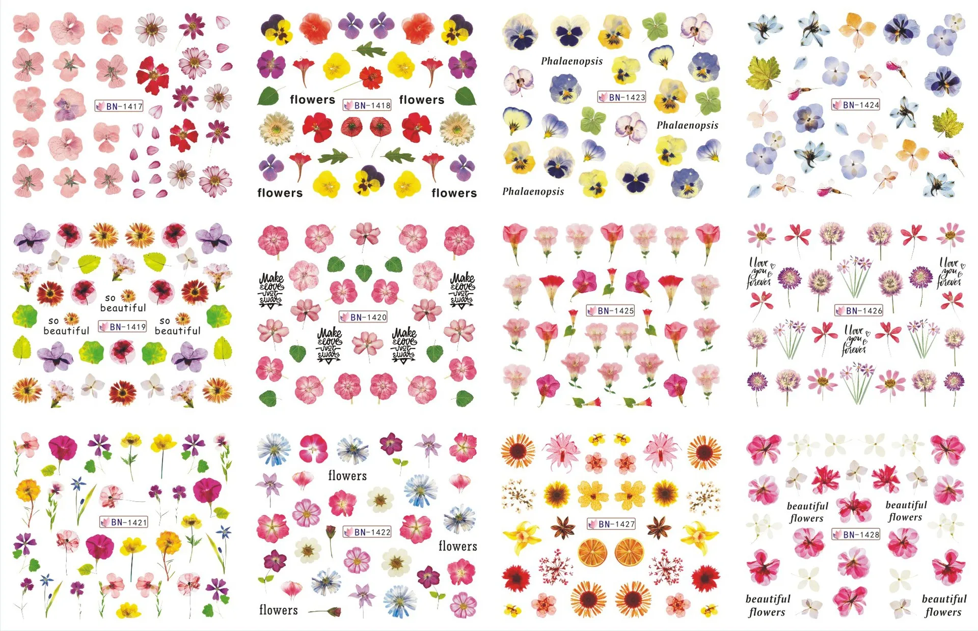 

12 Designs nail art sticker 3D butterfly maple leaves Valentines love geometric space Abstract water transfer nail decal WG096