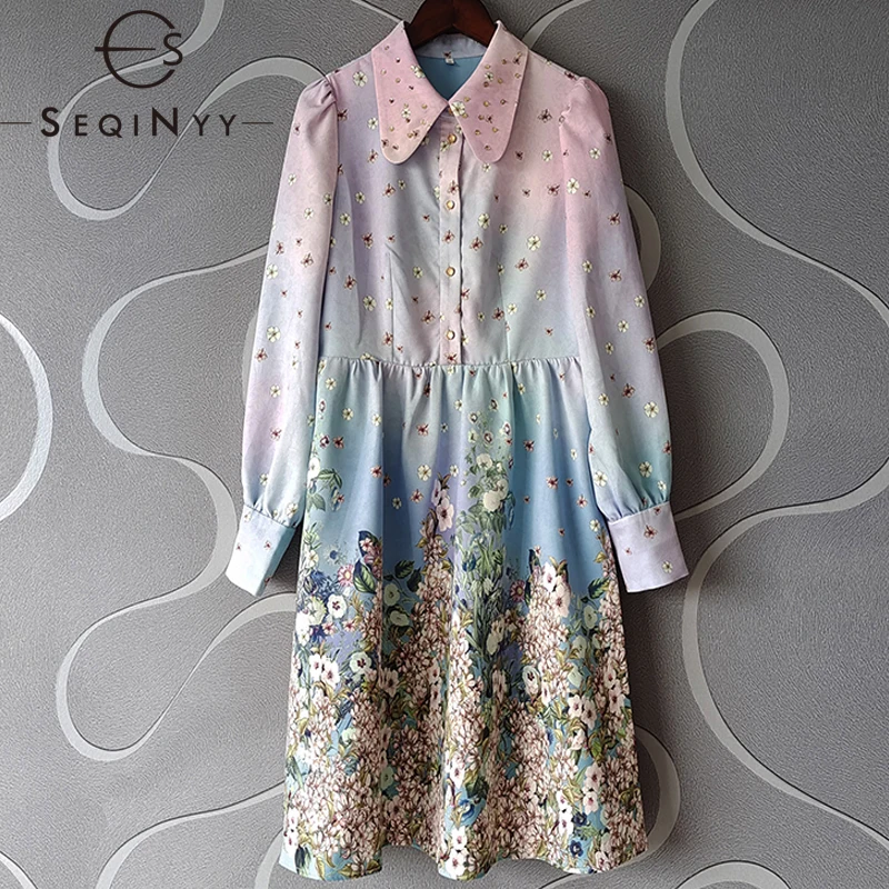 

SEQINYY Romantic Mini Dress Spring Autumn New Fashion Design Women Runway High Quality Crystal Sequins Flower Print Sweet