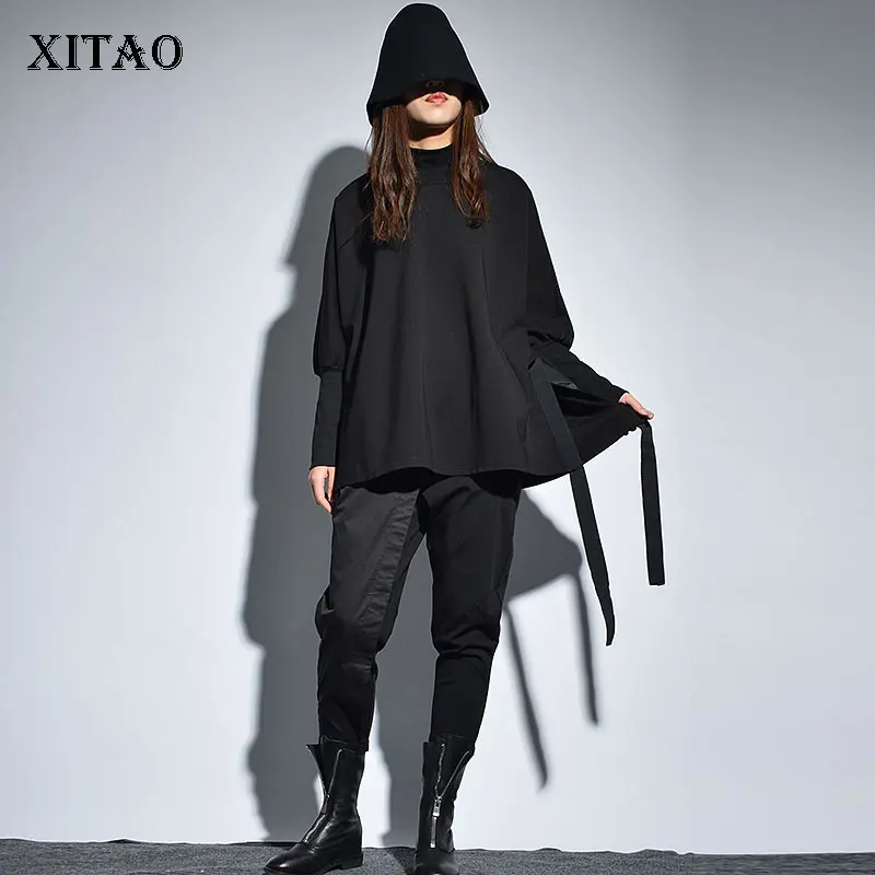 Женский свободный пуловер с круглым вырезом XWW2955 однотонный рукавами крылышками