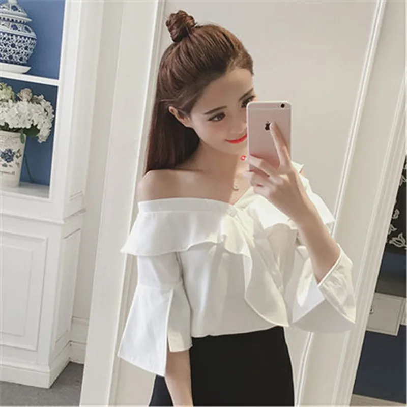 Новые модные женские полосатые рубашки с расклешенным рукавом Блузка топы и