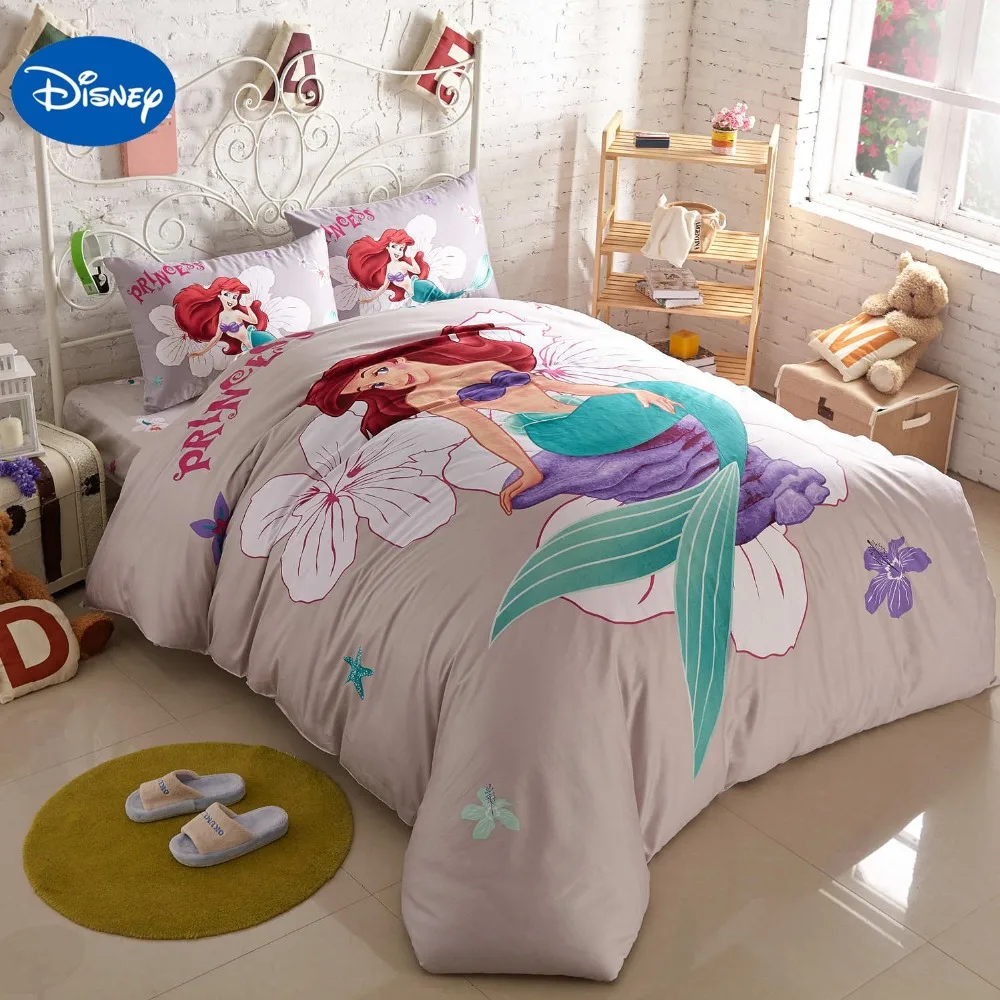 Home Fabric Disney Cartoon Little Mermaid Print Grey Duvet Quilt Cover Pillowcase Bedding Set Children Girls Bedroom Decor