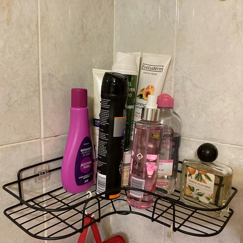 bathroom kitchen punch corner frame shower shelf wrought iron shampoo storage rack holder with suction cup bathroom accessories free global shipping