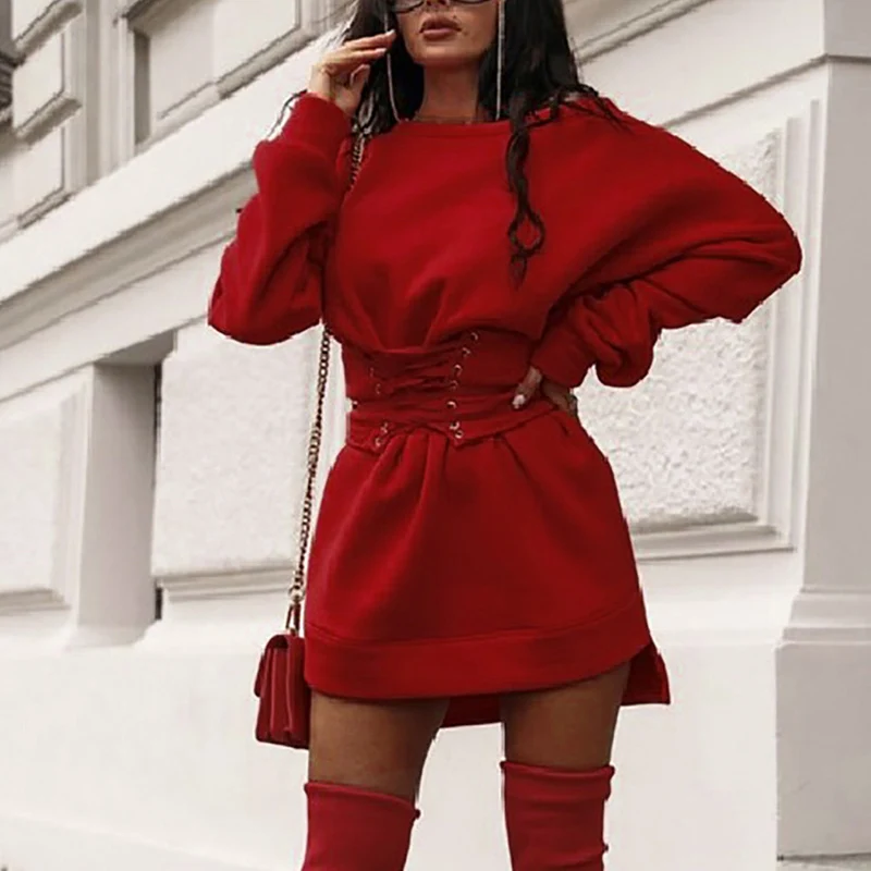 Платье женское модное однотонное с круглым вырезом флисовое плотное платье