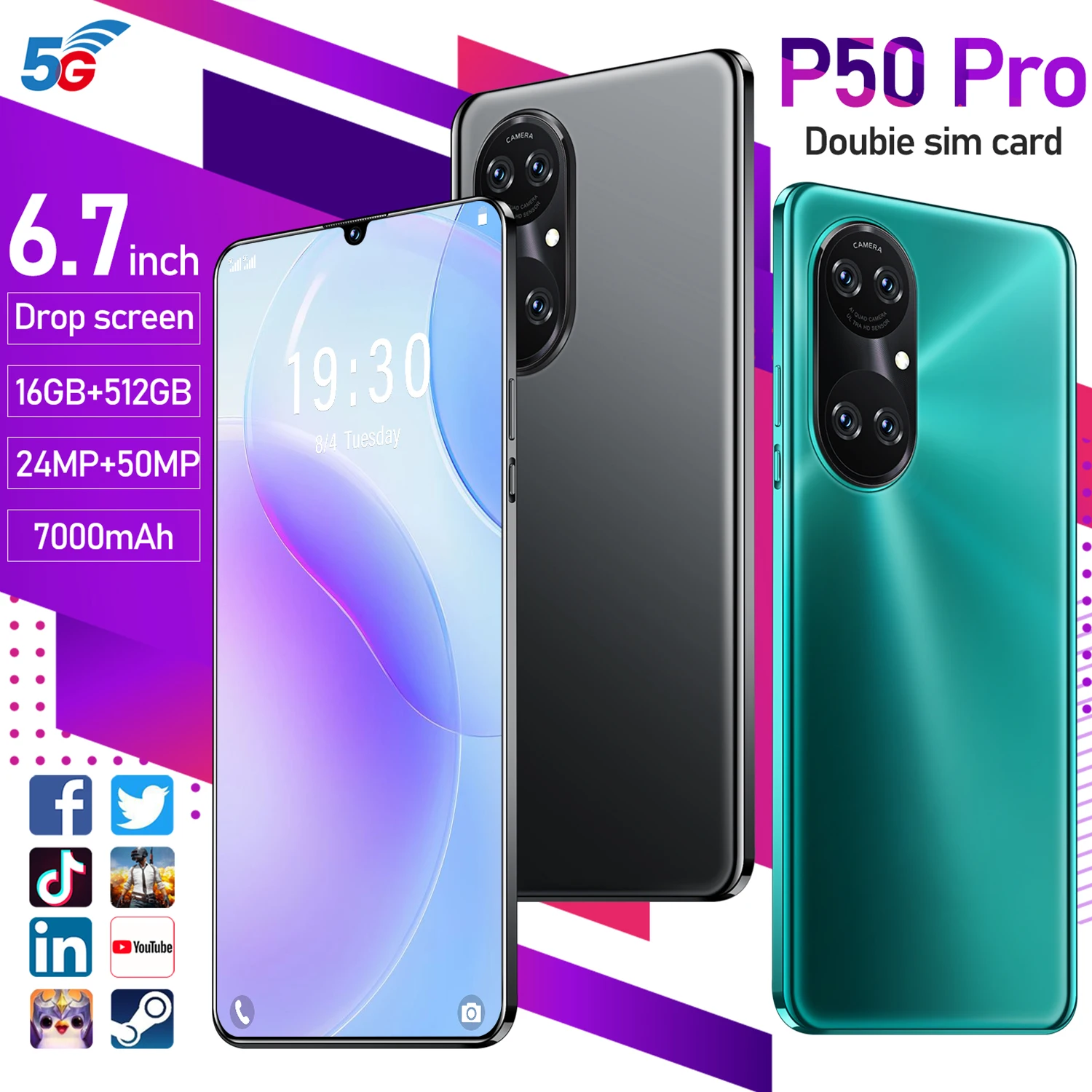 

New Arrival 2021 P50 Pro Global 5G Smartphone 6.7Inch 10Core 24MP+52MP 16+512GB 7000MAH Finger Face Unlock Dual SIM Androis11.0
