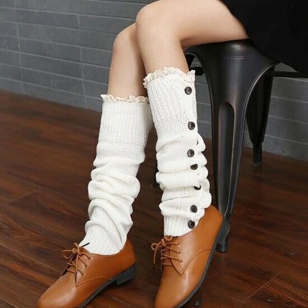 Модные женские гетры до колена с кружевной отделкой классические зимние теплые