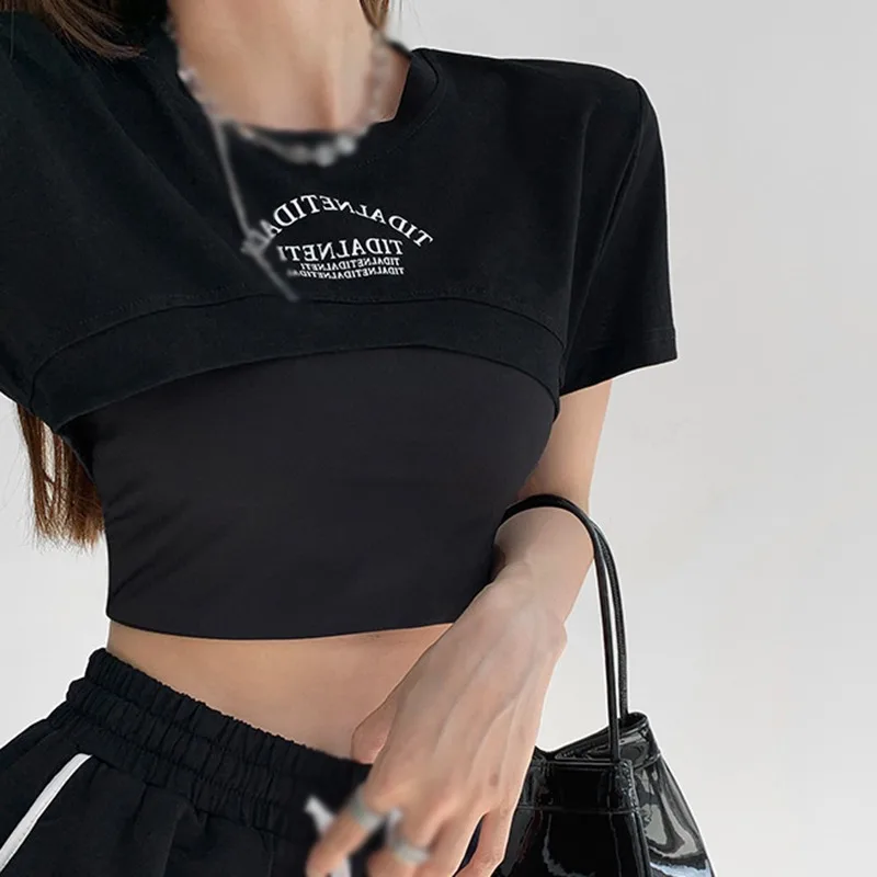 

Street Girl Layered Blouse Summer Short Loose Shirt Lady Letter Printing Slim Shirt Chic Crop Top Half Dance Cool Tee