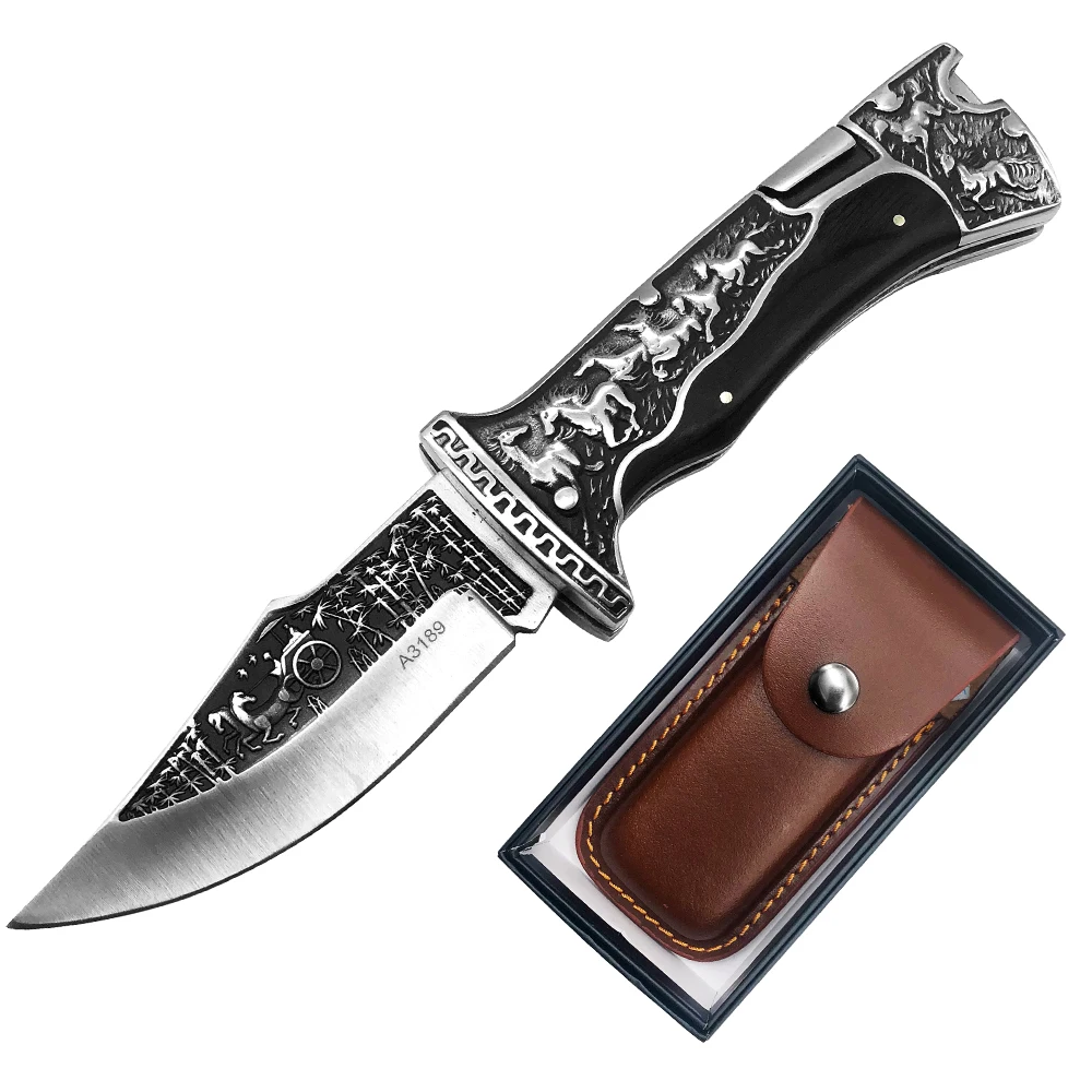 

Western Retro Pocket Folding Knife Engraved Blade and Handle Strong Tactical Hunting Outdoor Knives for Man
