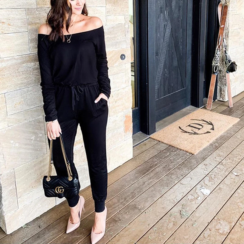 Duzeala сексуальные Осенние Комбинезоны с воротником лодочкой длинным рукавом и