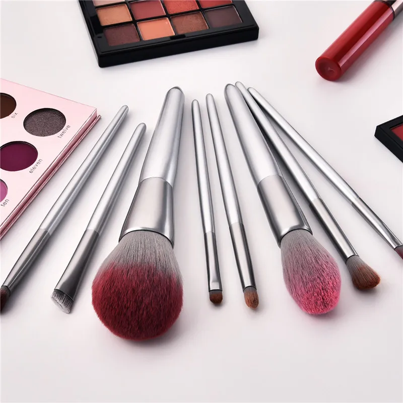 

Luxury makeup brush set 10pcs silver wood handle large powder blusher brush blending eye makeup brushes kit eyeshadow eyebrow