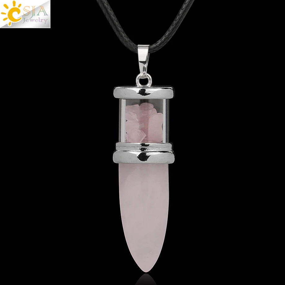 Rose Quartz-Chain CSJA в форме пули подвески из натурального камня розовый кварц Фиолетовый Кристалл ожерелья Желая бутылка конус рейки Маятник для женщин и мужчин G284 - Окраска металла: Rose Quartz-Chain
