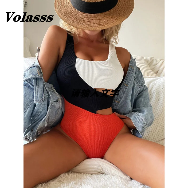 

New One Piece Swimsuit Girl Ribbed Swimwear Patchwork Hollow Out Bikini Set Monokini High Cut Bathing Suit Push Up Biquini Women