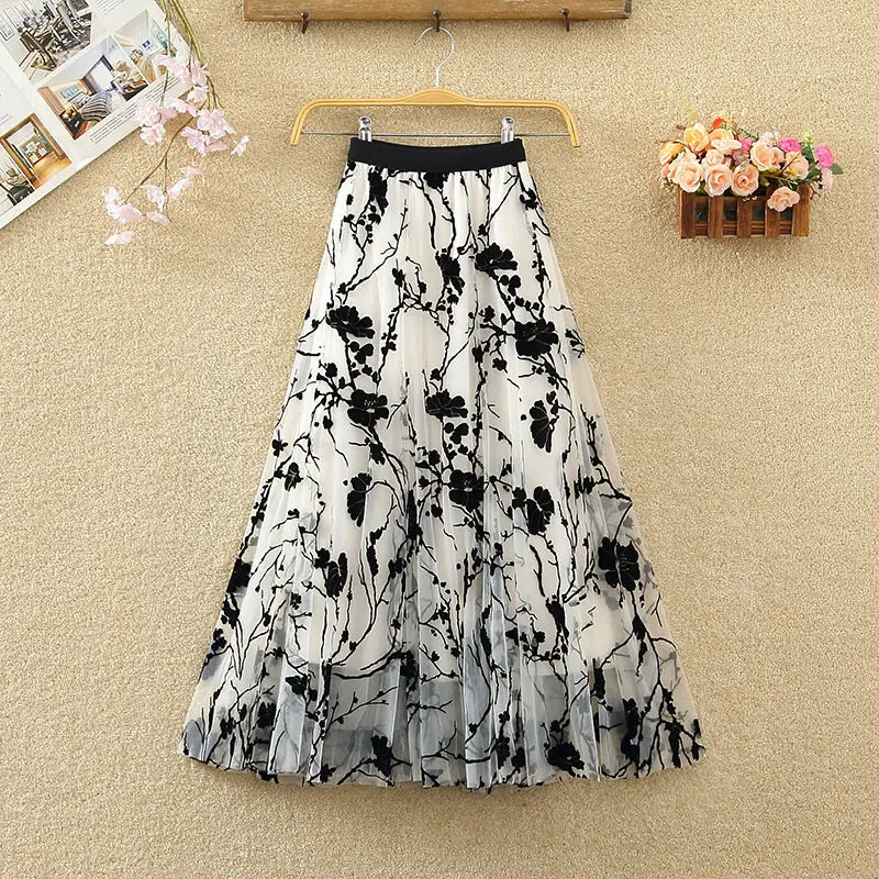 

Korean Gauze Skirt Female Spring Summer High Waist Floral Fairy Fluffy A-Line Mid-Length Fashion Women Mesh Skirt Saias zh256