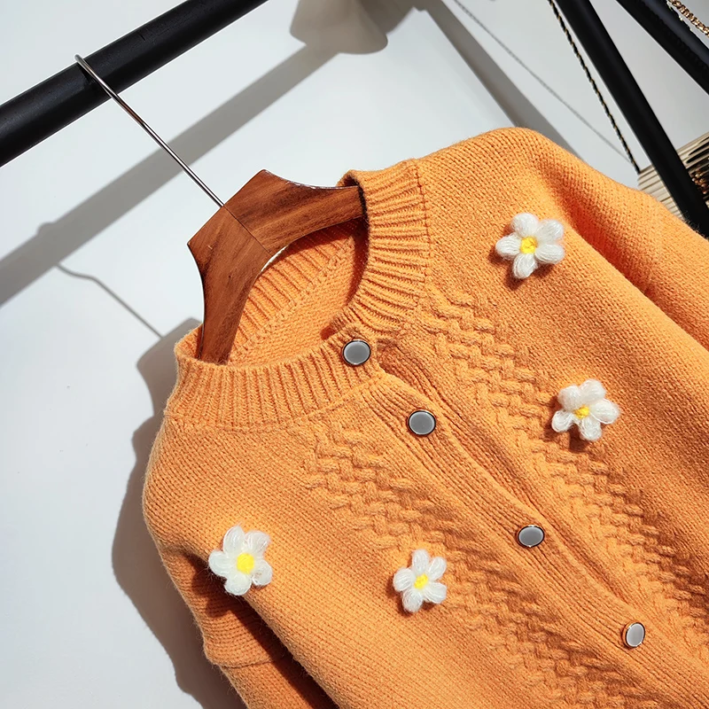 

Cute Flower Print Cardigan Knitted Sweater Women 2021 Autumn And Winter New Loose Long-Sleeved O-Neck Short Sweaters H232