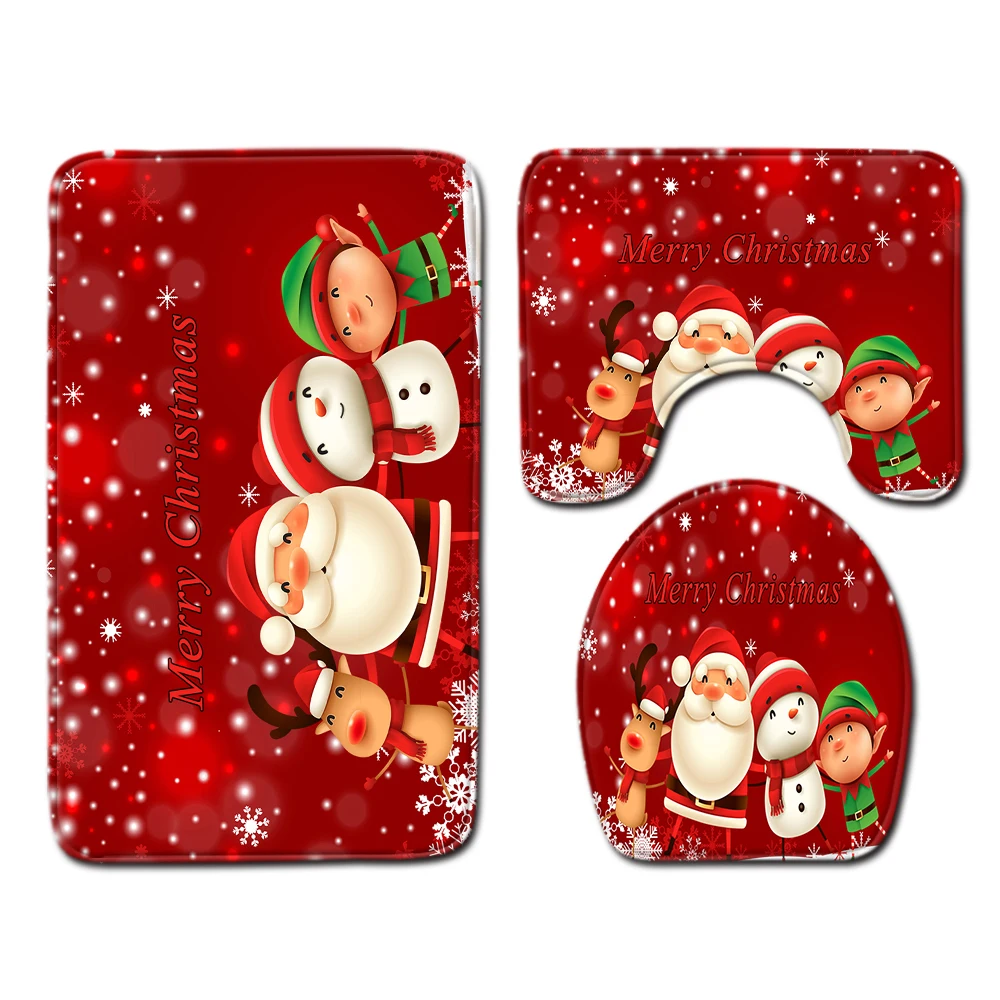 

3pcs/set Christmas Decor Non Slip Bathroom Pad Floor Mat Carpet Absorbent Pedestal Rug Lid Toilet Cover Bath Mat Decor