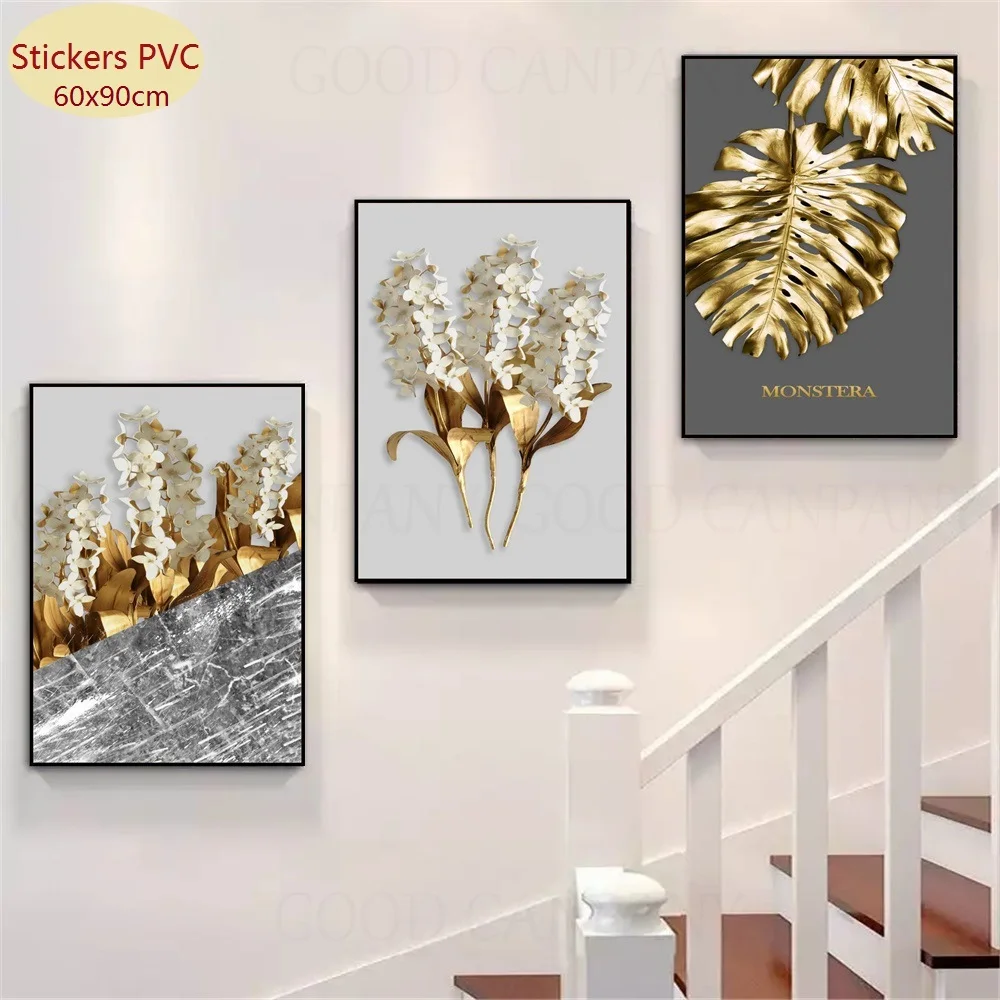 

Самоклеящийся постер с изображением золотых цветов, растений, Листьев, Современный домашний декор, абстрактная настенная наклейка, декор в ...