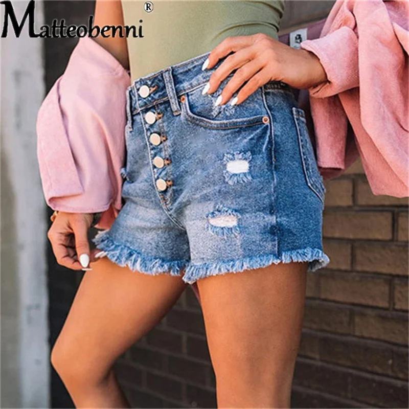 

Vintage Women Denim Shorts Fashion Tassel High Waist Sexy Hip Lifting Shorts Female Summer Casual Ripped Single Breasted Jeans