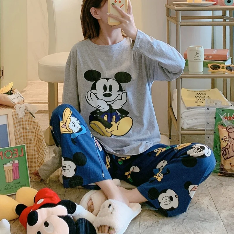 Disney Pajamas Set for Women Mickey Mouse Two Piece Fall Sleepwear Pants Long Sleeved Plus Size Loungewear Casual Soft Nightwear
