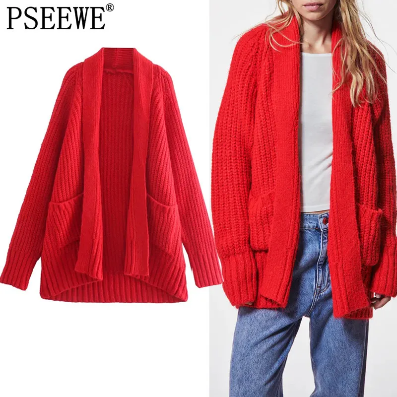 

PSEEWE Za Women's Scarf-Collar Long Cardigan Women Red Knitted Sweater Woman Fall Fashion Long Sleeve Oversized Sweater Cardigan
