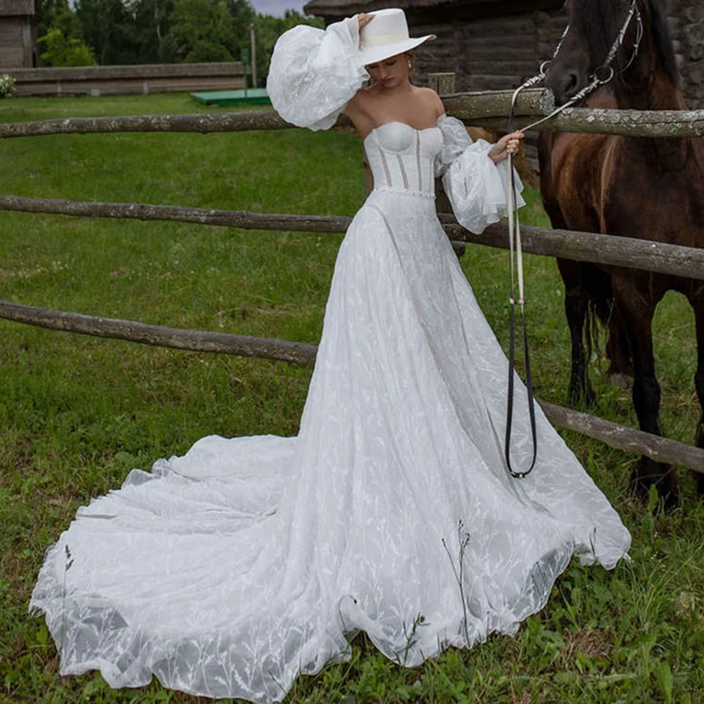 

Elegant A-Line Wedding Dresses Sweetheart Lace Puff Sleeves Backless Bridal Gowns 2021 Vestidos De Noivas
