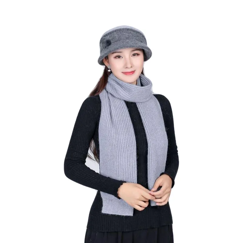 

New Winter Women Rabbit Fur Hat Scarf Set Warm Wool Knitted Plush Hat Scarf Sets Crochet Bonnet Mom Cap Gifts Thick Scarf Shawl