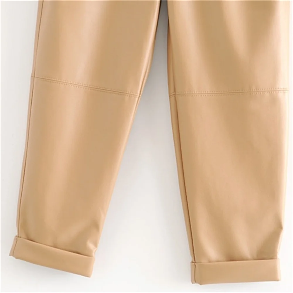 

2020 Spring Women's New Retro High Waist Loose PU Casual Pants Pocket Trimming Decorative Hem Faux Leather Pants