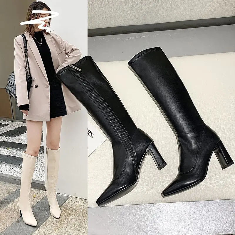 

Ladies Leather Boots Woman Boots Square Heel Knee-High Classic Pointed Toe Boots PU Leather Zip Boots Party Dress Dance Shoes
