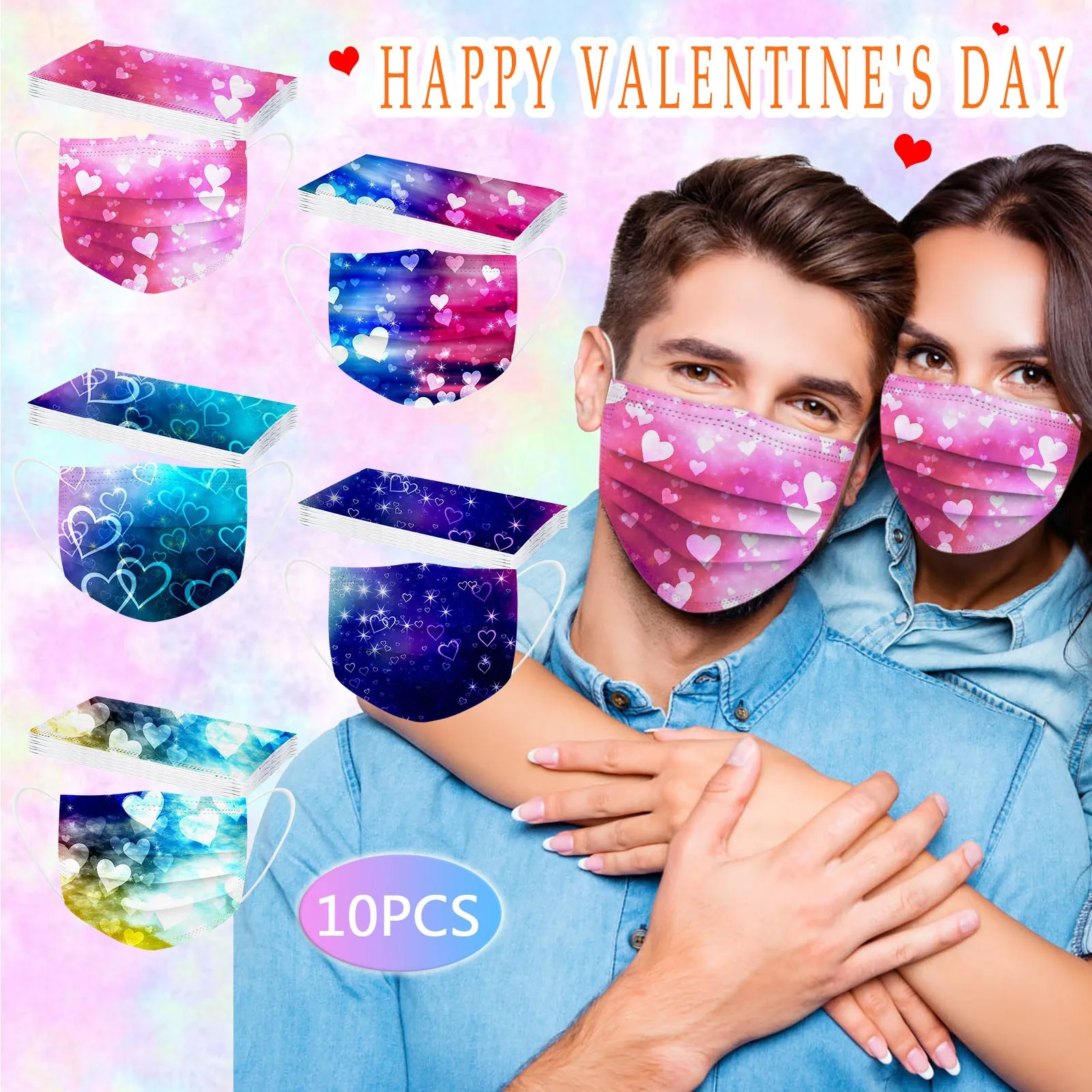 

10 шт., одноразовая маска для лица для взрослых на День святого Валентина, 3-слойная маска с петлями для ушей, пылезащитные ветрозащитные маск...