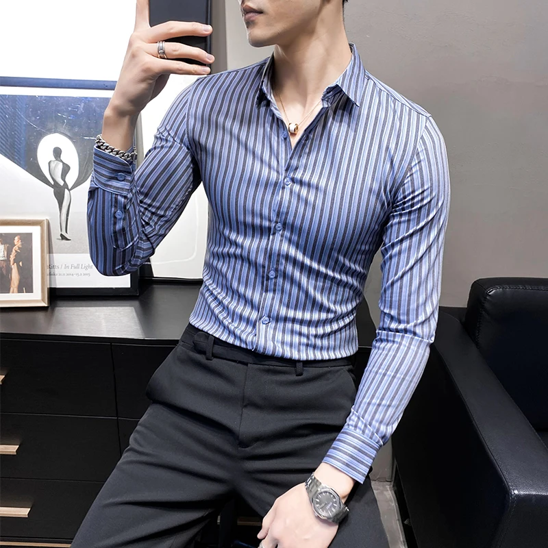 

High Quality Spring Colorful Stripes Shirts For Men Clothing 2021 Korean Slim Fit Casual Long Sleeve Tuxedo Dress Formal Wear