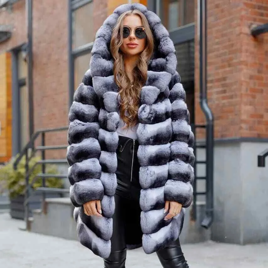 Enlarge Fashion Real Rex Rabbit Fur Coat Chinchilla Color Genuine Rex Rabbit Fur Coat with Hood Natural Mid-length Fur Overcoat Woman