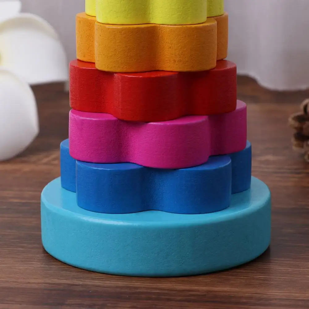 

Baby Kid Education Wooden Toy Stacking Nest Learning Stack Up Rainbow Tower Ring