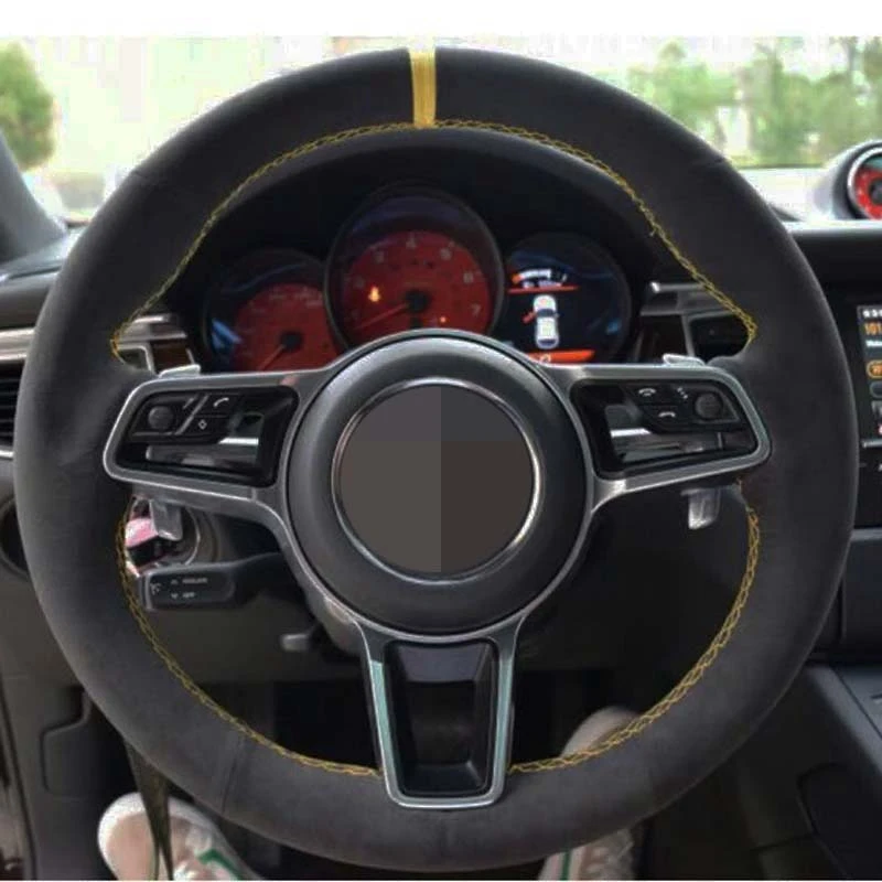 

Car Steering Wheel Cover Hand-Stitched Soft Black Genuine Leather Suede For Porsche Macan Cayenne 2015-2016