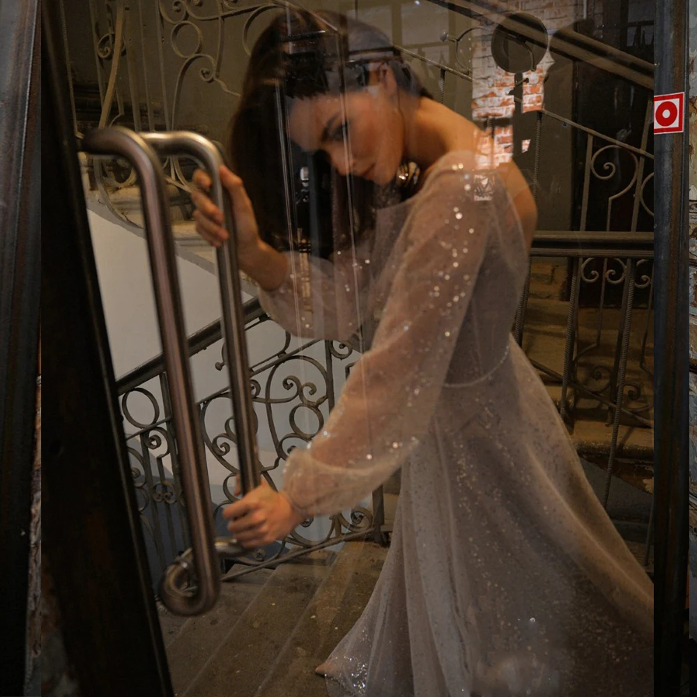 

Sparkle Sequin Evening Dresses Long Luxury 2021 Elegant O-Neck Gorgeous A-Line Ball Gown Full Sleeve Backless robes de soire