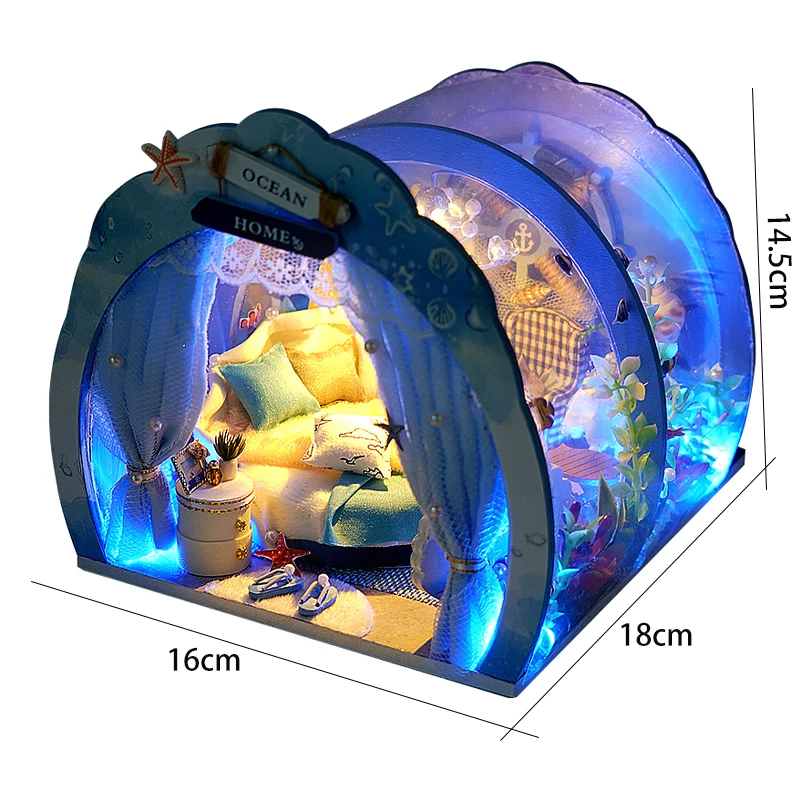 

DIY Miniature Furniture Ocean Room Kit Dollhouse with Light Fish Assembled 3D Model Casa Doll House for Children Adult Gifts