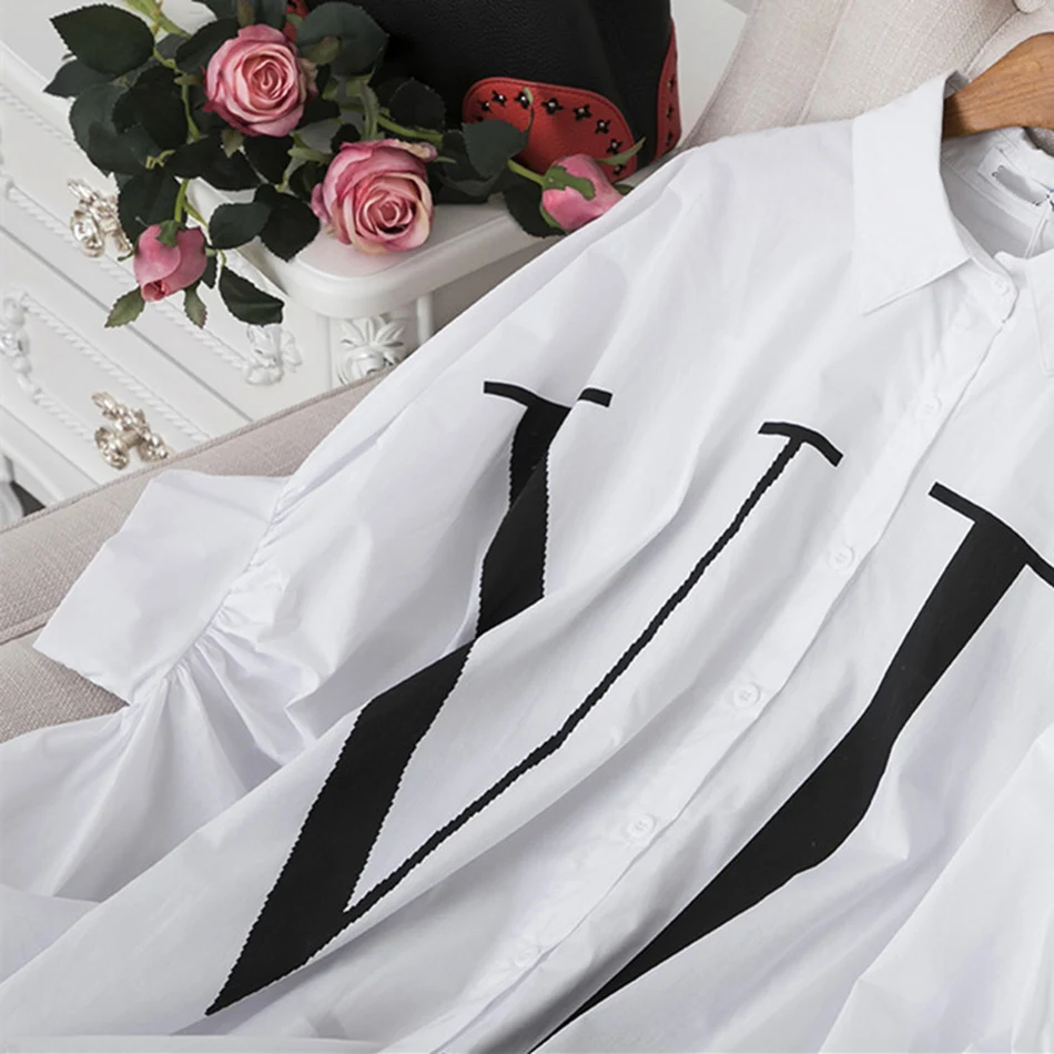

Free Shipping Fashion Summer Women's Shirt Lapel Bat Sleeve Shirt Casual Irregular Loose Alphabet Shirt Women's Streetwear Shirt