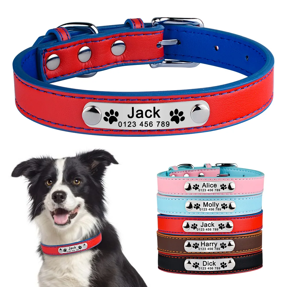 Ошейник для собак кожаный светоотражающий с гравировкой ID щенков крупных