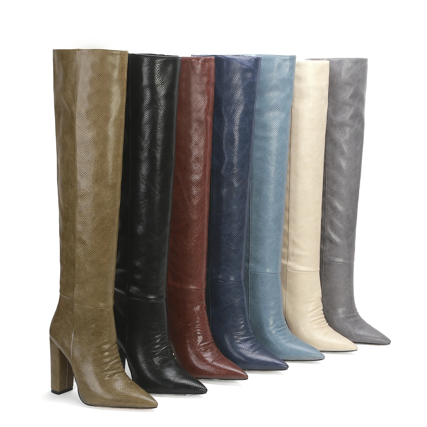 

2020 New Brand Women 's Shoes Faux Leather Sqaure High Heels Knee High Boots Pointed Toe Autumn Winter Boots