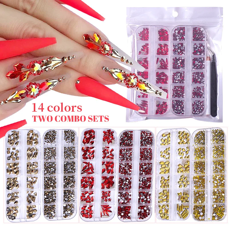 

1 Set (2 Box) Luxury Shine Mix Shape Diamond Nail Art Rhinestones Crystal Set Decorations AB Glass 1pcs Pick Up Pen and Tweezers