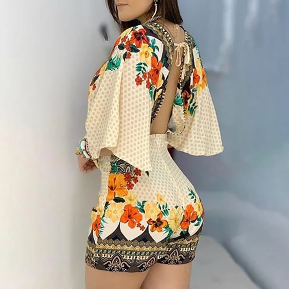 

Women's Jumpsuit Casual Summer Floral Printed Playsuit 2021 Women Rompers 3/4 Sleeve Backless Playsuit Women Clothes S-XL D30