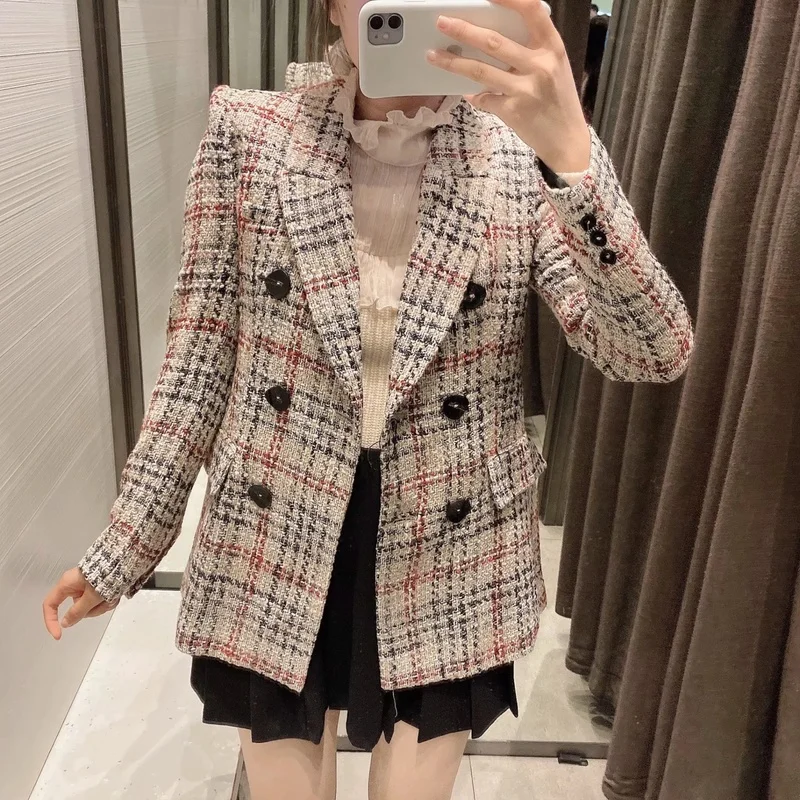 

2021 Autumn and Winter Plaid Texture Slim Ladies Temperament Lapel Lob Sleeve Fashion Western Slim Coat Jacket Women Office Lady