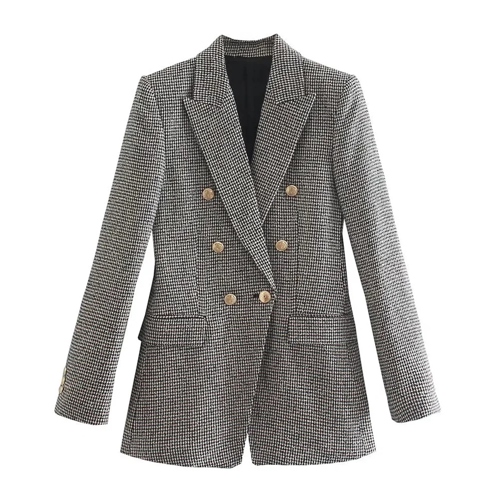 

Blazer Coat Vintage Long Sleeve Flap Pockets Female Outerwear Chic Veste Femme Women Fashion Houndstooth Fitted